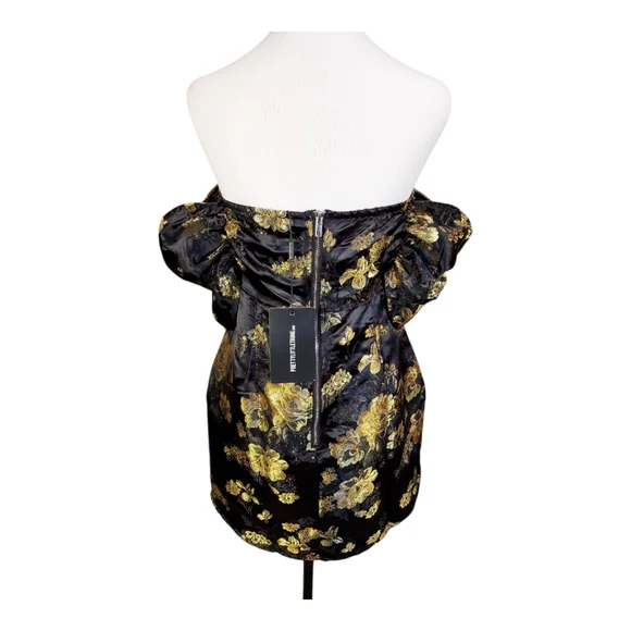 NWT Pretty Little Thing Black & Gold Floral Jacquard Strapless Mini Dress 10 - Picture 6 of 12